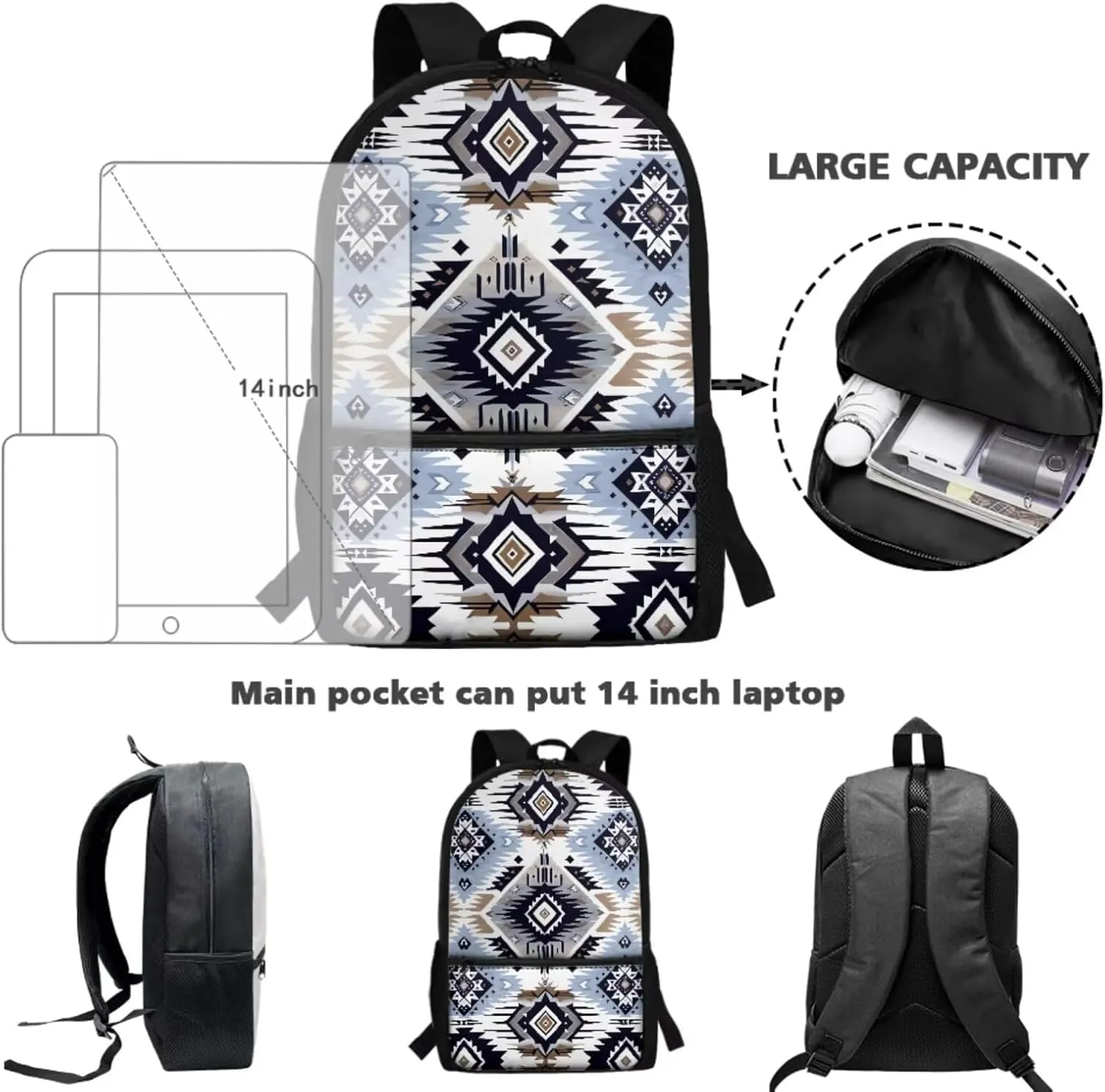 Aztec Boho School Bags for Teen Girls 10-12/12-14 Kids Backpack Set Middle School Students Bookbag Insulated Lunch Box Pencil Case Boys School Bag 17inch Back Pack Western Bagpack
