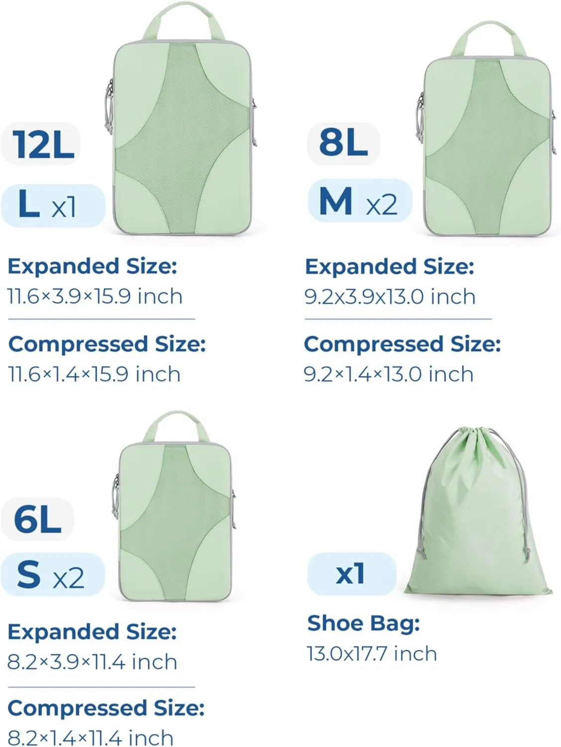 BAGSMART Compression Packing Cubes for Travel, Compressible Luggage Organizer for Cruise Ship, Lightweight Travel Essentials 6-Pack 1L 2M 2S 1Shoe Bag
