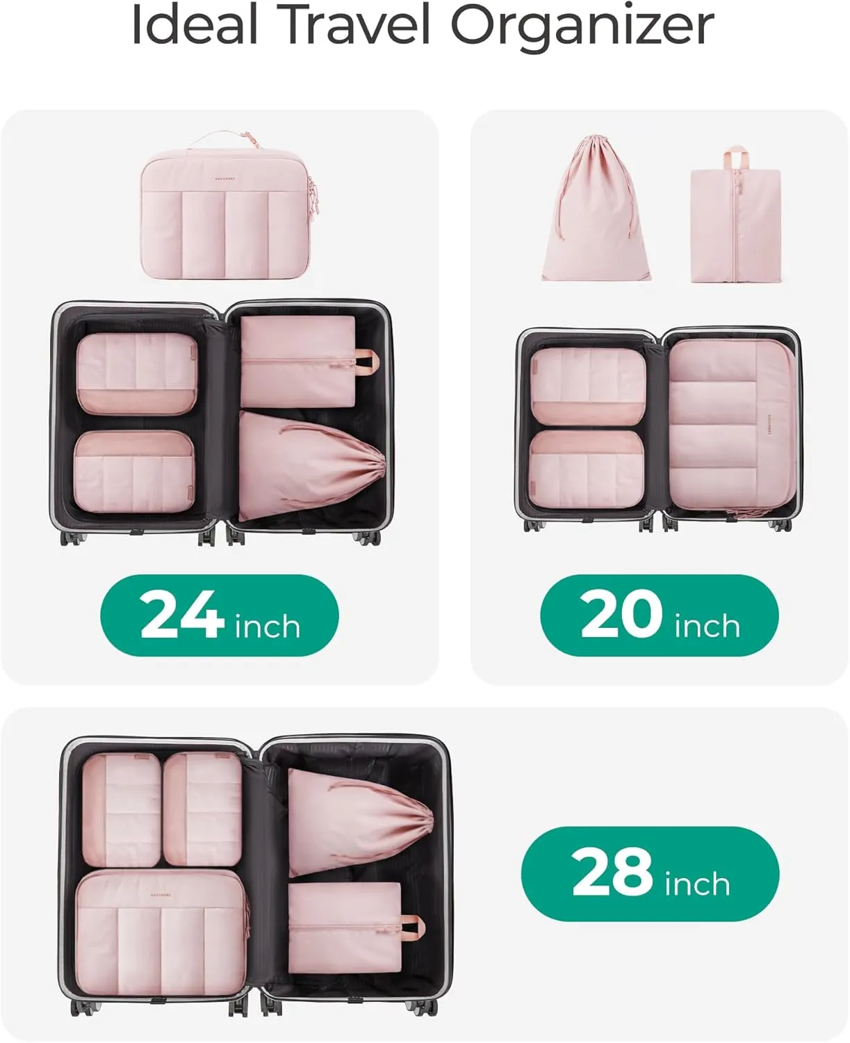 BAGSMART Hanging Packing Cubes for Travel Women, Large Capacity Luggage Organizers for Suitcases, Quilted Travel Essentials for Women