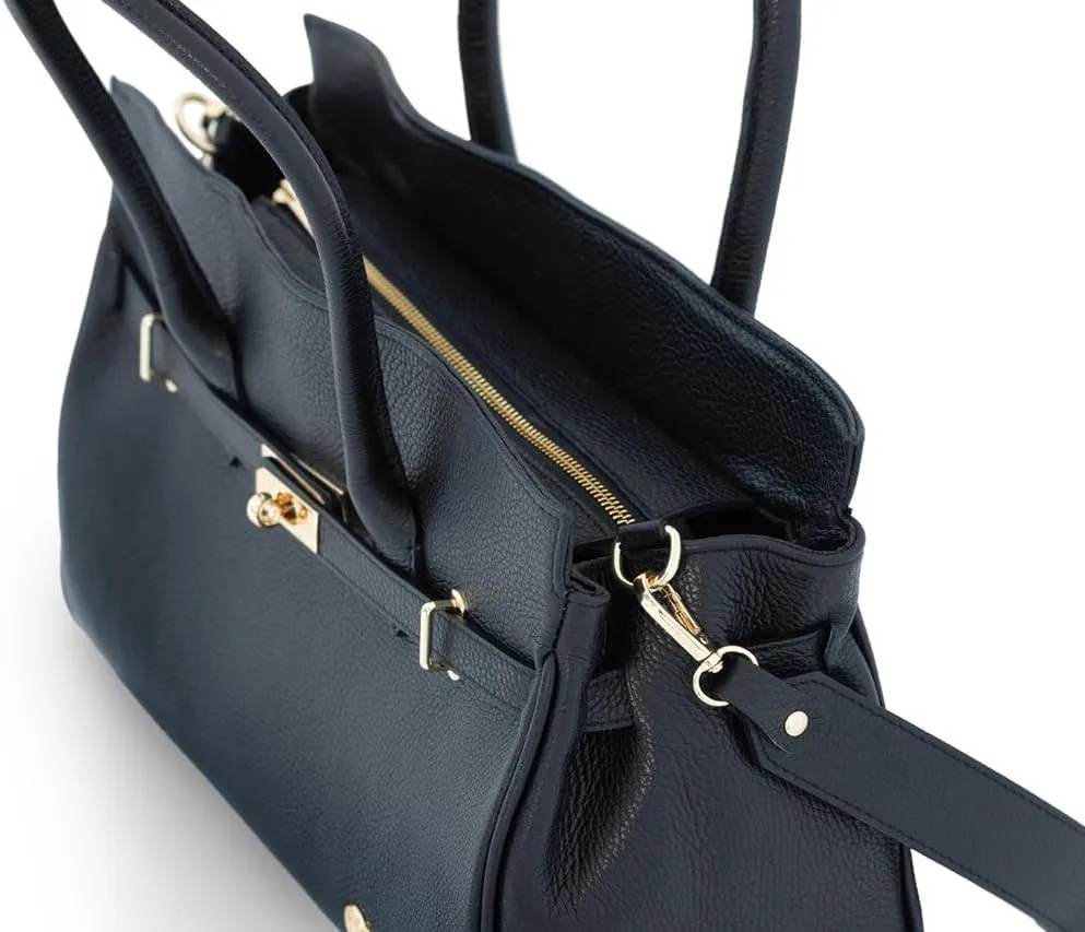 Baroncelli Leather Tote Handbag, Large Size with Gold Hardware, Multiple Compartments