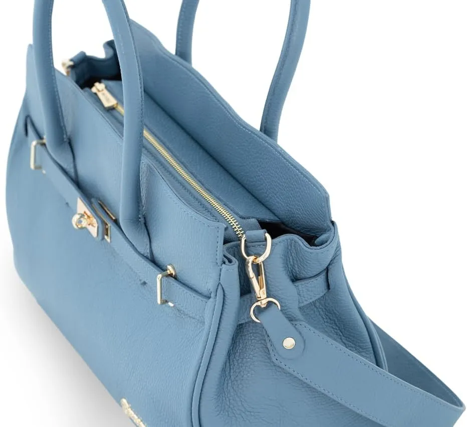 Baroncelli Leather Tote Handbag, Large Size with Gold Hardware, Multiple Compartments