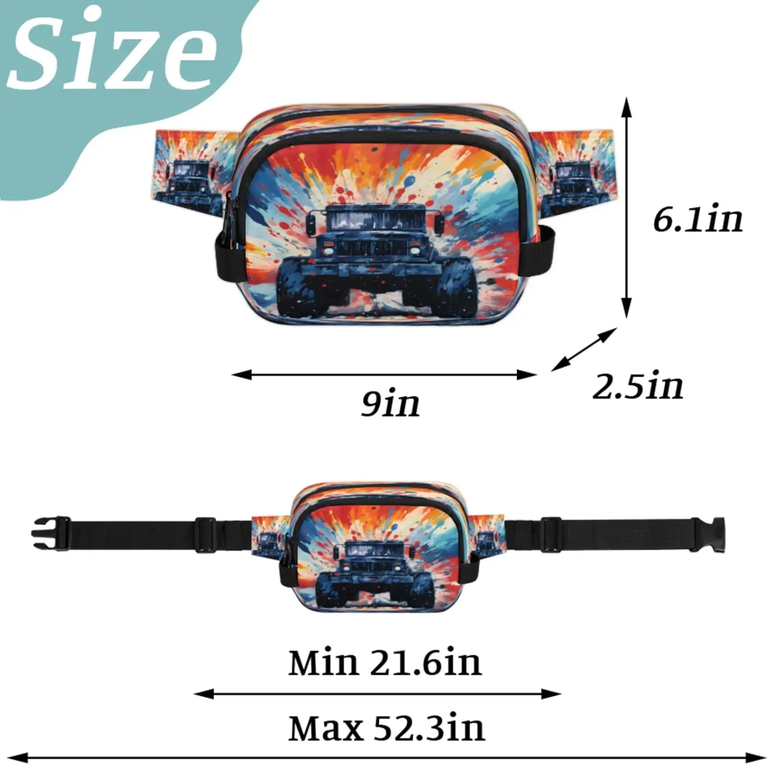 Battle Ride Waterproof Unisex Square Fanny Pack, Adjustable Waist Bag with Pockets, Sturdy Lightweight Crossbody Bag for Travel, Running, Hiking (9x6.1x2.5 Inches)