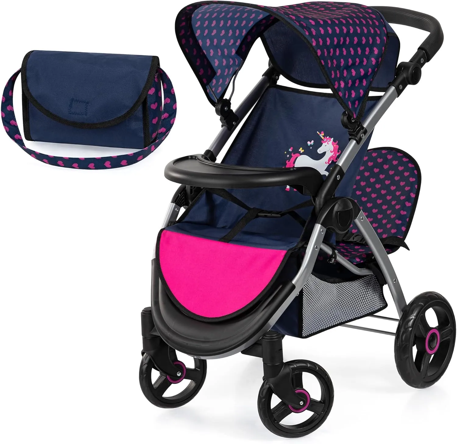 Bayer Design Dolls: Twin Star Stroller - Blue, Hot Pink, Unicorn - Seats 2 Dolls Up to 18", Shoulder Bag, Foldable Sibling Buggy, Kids Toy, Ages 3 