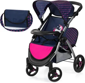 Bayer Design Dolls: Twin Star Stroller - Blue, Hot Pink, Unicorn - Seats 2 Dolls Up to 18", Shoulder Bag, Foldable Sibling Buggy, Kids Toy, Ages 3 