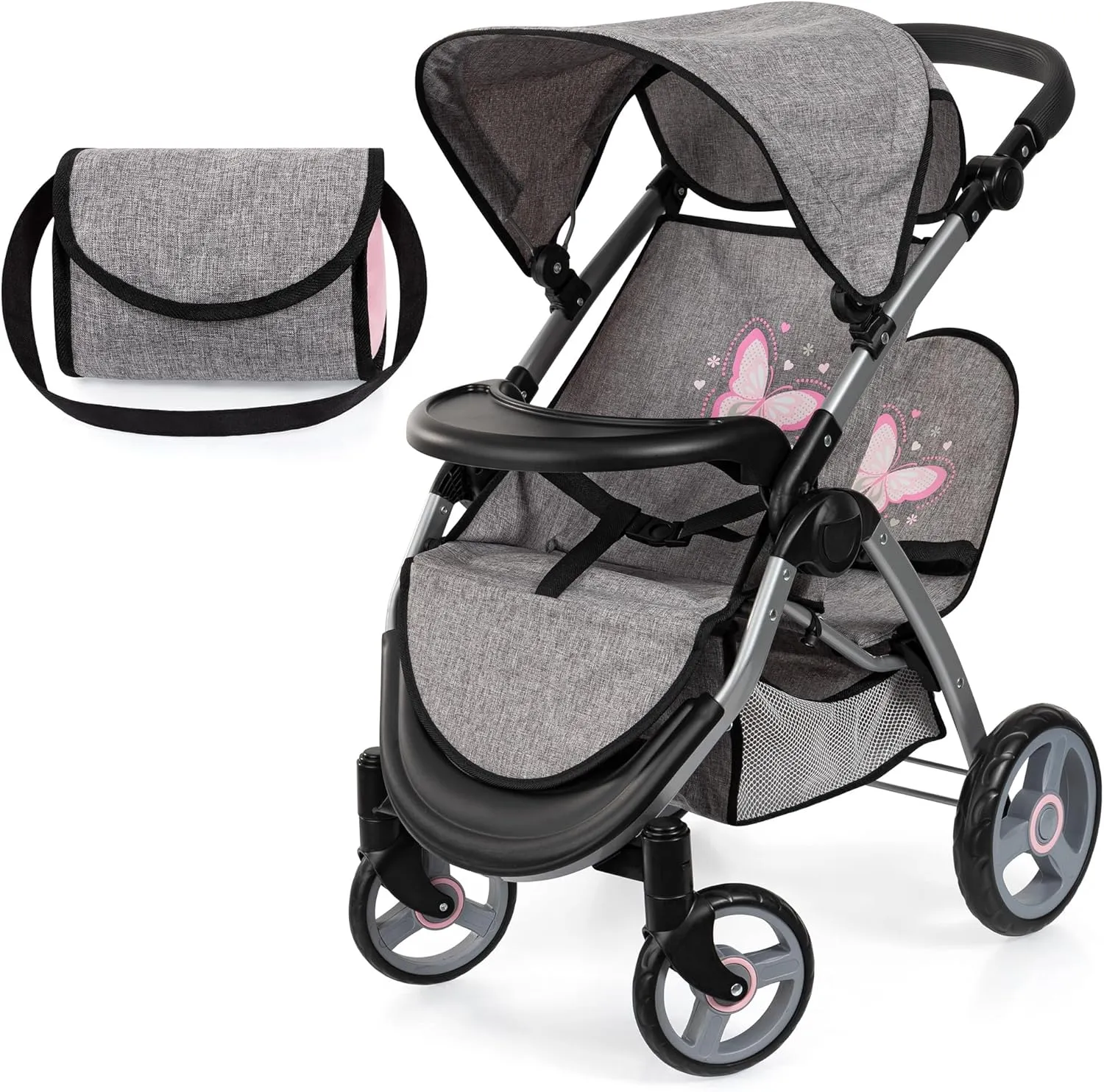 Bayer Design Dolls: Twin Star Stroller - Grey, Pink, Butterfly - Seats 2 Dolls Up to 18", Shoulder Bag, Foldable Sibling Buggy, Kids Toy, Ages 3 