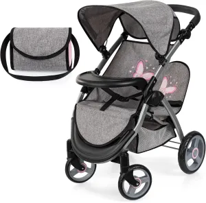Bayer Design Dolls: Twin Star Stroller - Grey, Pink, Butterfly - Seats 2 Dolls Up to 18", Shoulder Bag, Foldable Sibling Buggy, Kids Toy, Ages 3 