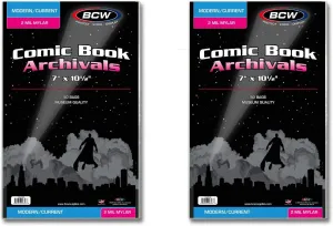 BCW Current/Modern Comic Mylar Archivals - 2 MIL - 100 Count Pack | Archival Comic Book Bags | Standard Size 7 x 10.5 Inches, Secure 1.5 Inch Flap | Protective Covers for Comic Book Collectors