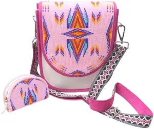 Beaded Shoulder Bags Seed Beads Crossbody Handbags Native American Style Bag, Handmade Beaded Unisex Handbag with Adjustable Strap and Coin Purse. (Pink)
