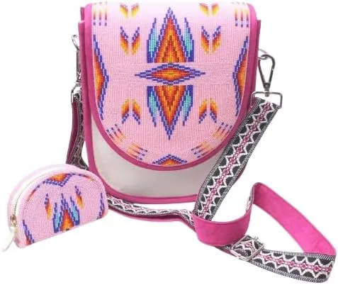 Beaded Shoulder Bags Seed Beads Crossbody Handbags Native American Style Bag, Handmade Beaded Unisex Handbag with Adjustable Strap and Coin Purse. (Pink)
