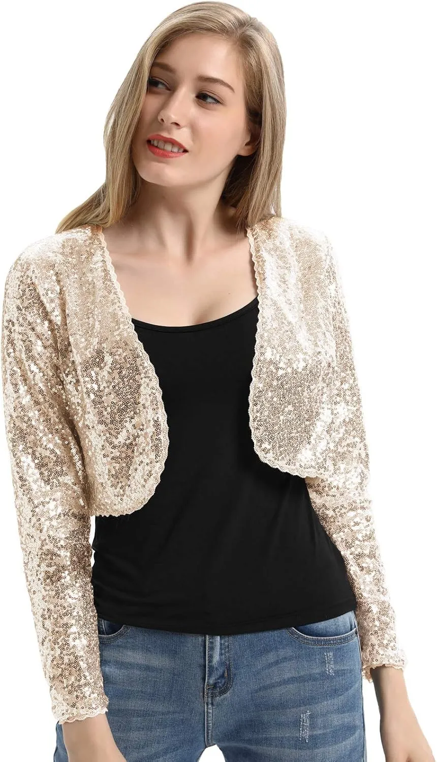 Belle Poque Women's Sequin Jacket Long Sleeve Open Front Glitter Cropped Blazer Bolero Shrug S-XXL