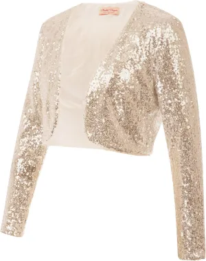 Belle Poque Women's Sequin Jacket Long Sleeve Open Front Glitter Cropped Blazer Bolero Shrug S-XXL