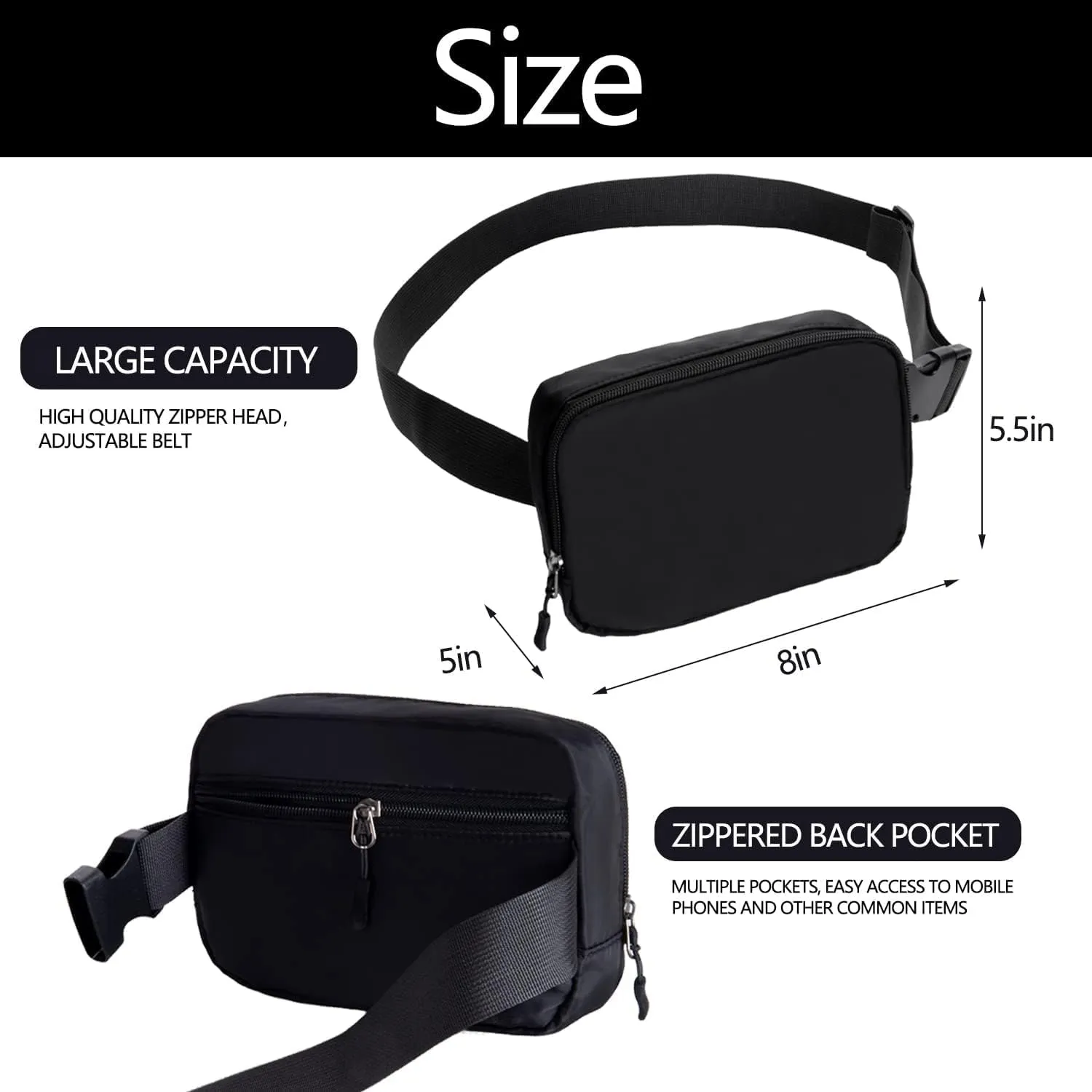 Belt bag Fanny pack crossbody bags for women Everywhere belt bag (BLACK-F)
