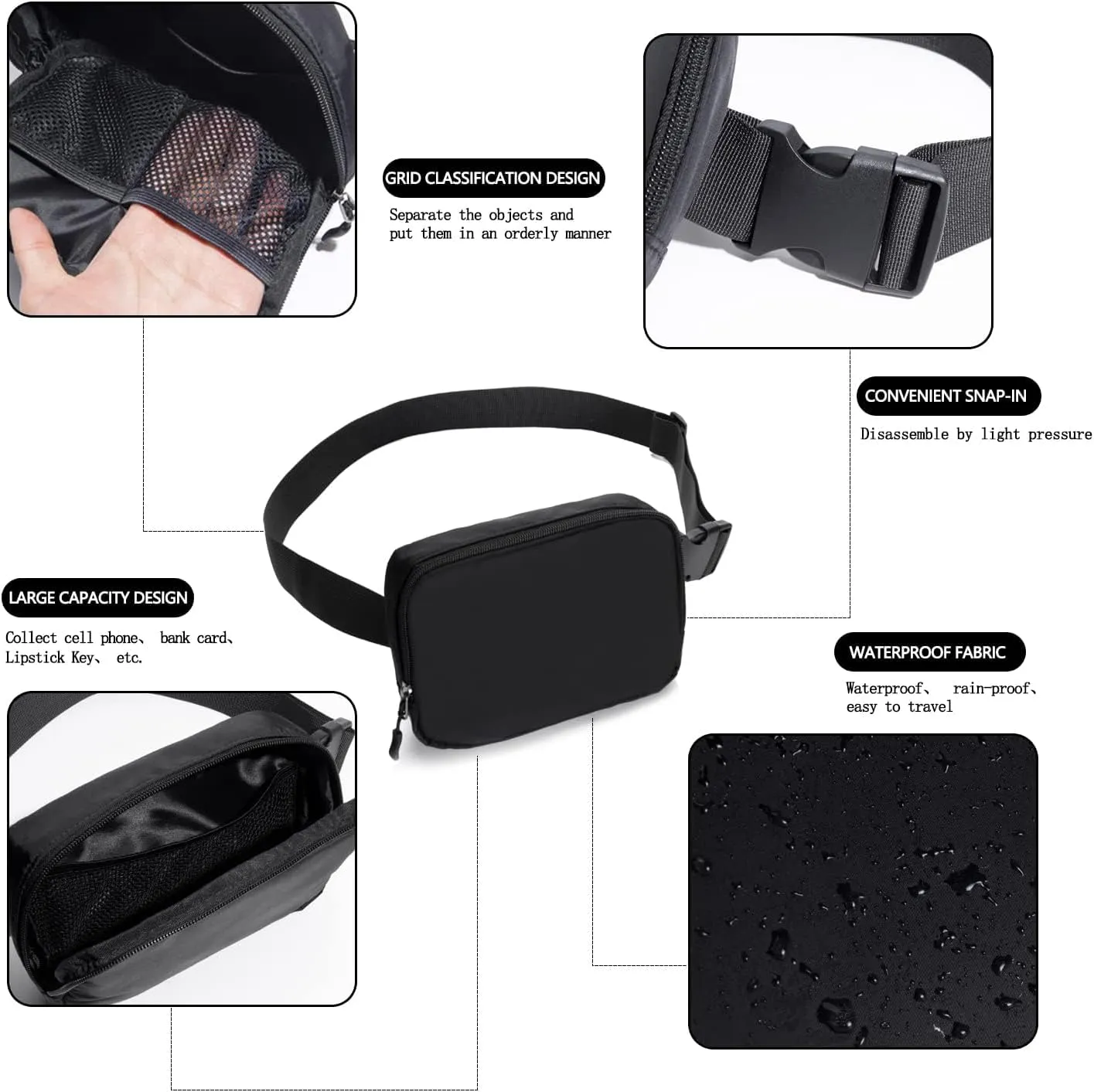 Belt bag Fanny pack crossbody bags for women Everywhere belt bag (BLACK-F)