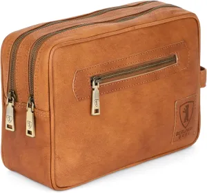 BERLINER BAGS Vintage Genuine Leather Toiletry Bag Paul, Two Zippered Compartments, Large Capacity Cosmetics Bag for Men and Women for Travel - Brown (2 Compartments)
