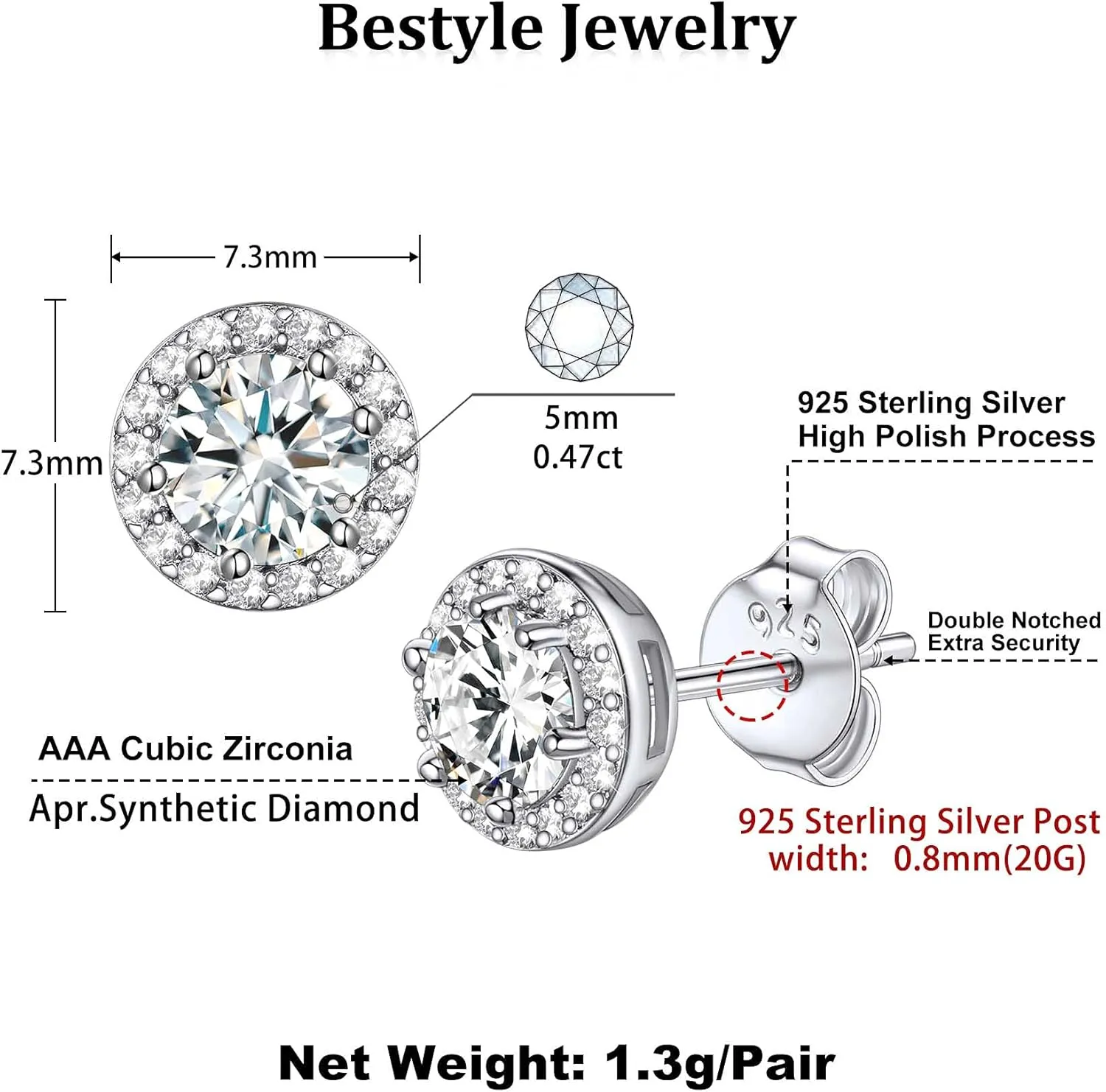 Bestyle Sparkling 925 Sterling Silver Birthstone Stud Earrings for Women, Heart/Round/Teardrop/Square Crystal Solitaire Diamond Studs Halo Earrings, Great Birthday/Christmas Gifts