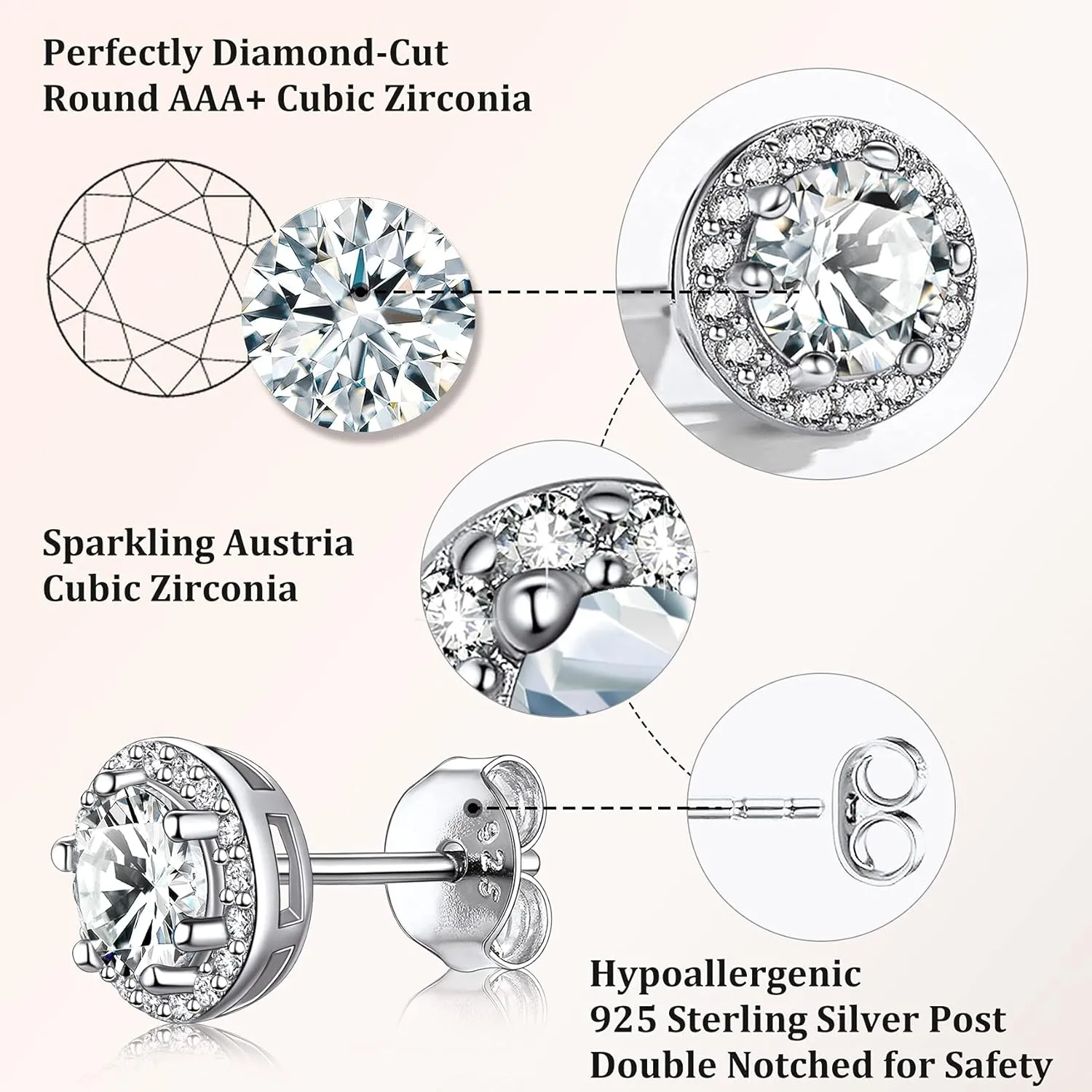 Bestyle Sparkling 925 Sterling Silver Birthstone Stud Earrings for Women, Heart/Round/Teardrop/Square Crystal Solitaire Diamond Studs Halo Earrings, Great Birthday/Christmas Gifts