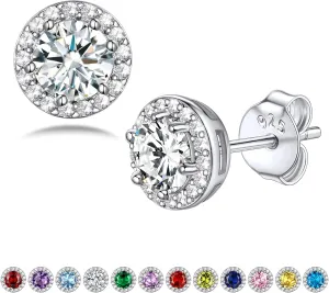 Bestyle Sparkling 925 Sterling Silver Birthstone Stud Earrings for Women, Heart/Round/Teardrop/Square Crystal Solitaire Diamond Studs Halo Earrings, Great Birthday/Christmas Gifts