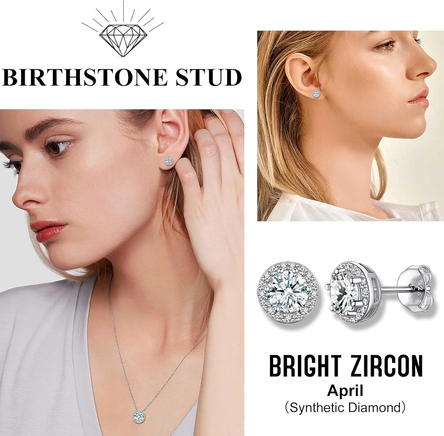 Bestyle Sparkling 925 Sterling Silver Birthstone Stud Earrings for Women, Heart/Round/Teardrop/Square Crystal Solitaire Diamond Studs Halo Earrings, Great Birthday/Christmas Gifts