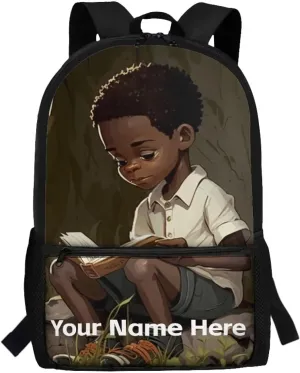Black Boy Backpack School Kids Boys Name Custom Bookbag Ages 8-10 10-12 4-6 Personalized Black School Bag Elementary Middle School Backpacks Afro 17inch Schoolbag