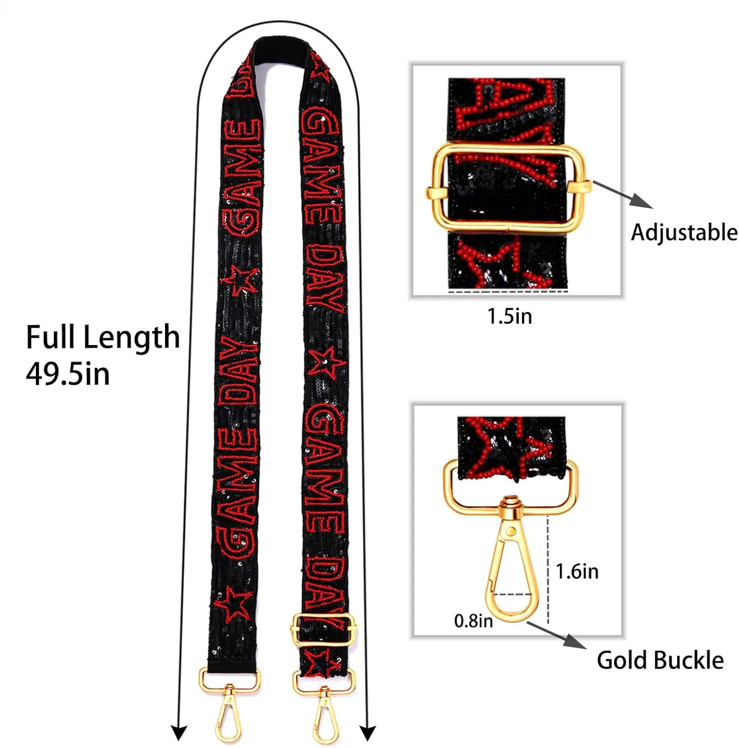 boderier Game Day Purse Straps Replacement Crossbody Bag Strap Beaded Sequins Strap for Clear Bag Football Accessories
