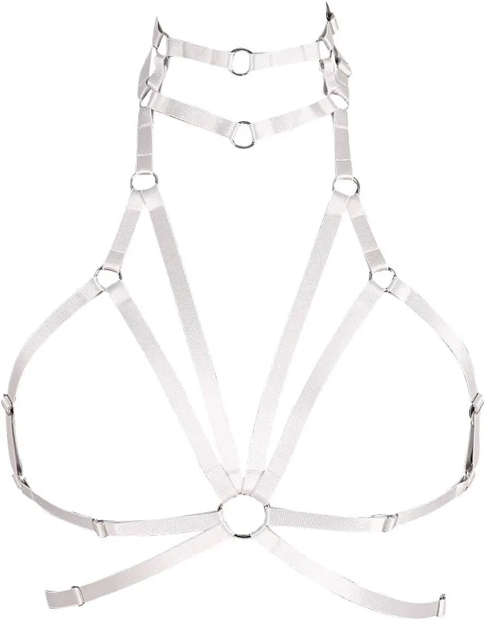 Body Harness for Women Bra Goth Stretchy Fabric Halloween Plus Size Punk Chest Strap Belt Festival Rave Lingerie cage (White)