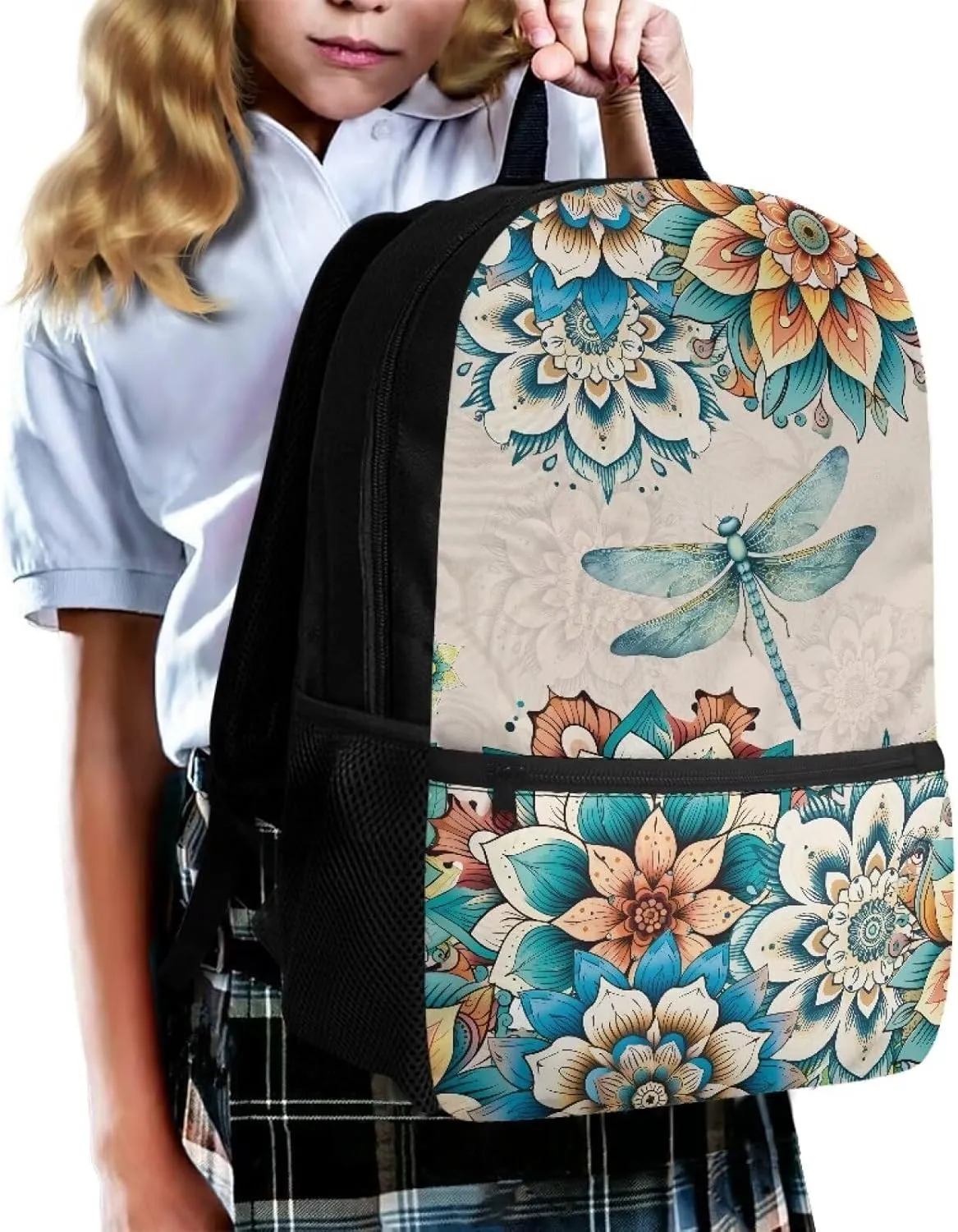 Boho Flower Dragonfly Bookbag for Kids 8-12 Boys Girls School Backpack Middle High College School Bag With Straps 17inch Laptop Backpacks Children Book Bags Travel Shoulder Bag Grey