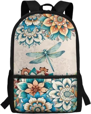 Boho Flower Dragonfly Bookbag for Kids 8-12 Boys Girls School Backpack Middle High College School Bag With Straps 17inch Laptop Backpacks Children Book Bags Travel Shoulder Bag Grey