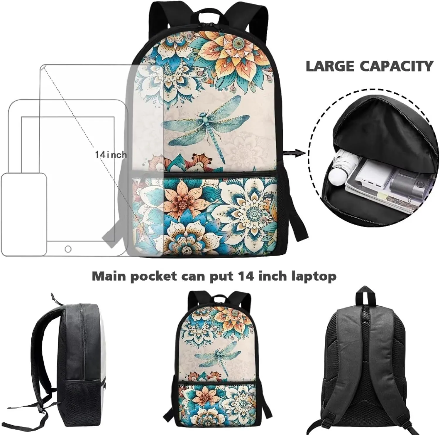 Boho Flower Dragonfly Bookbag for Kids 8-12 Boys Girls School Backpack Middle High College School Bag With Straps 17inch Laptop Backpacks Children Book Bags Travel Shoulder Bag Grey