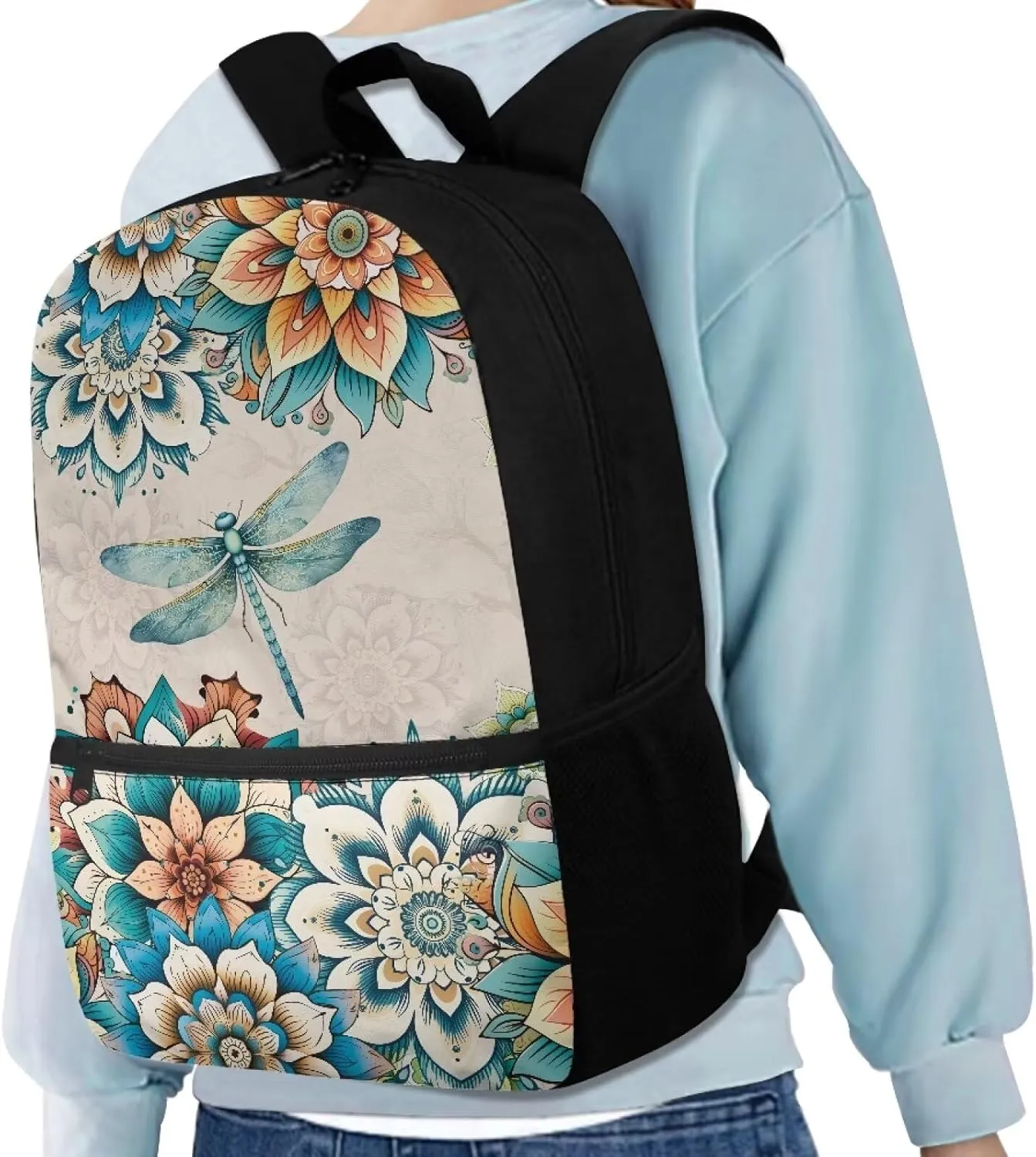 Boho Flower Dragonfly Bookbag for Kids 8-12 Boys Girls School Backpack Middle High College School Bag With Straps 17inch Laptop Backpacks Children Book Bags Travel Shoulder Bag Grey