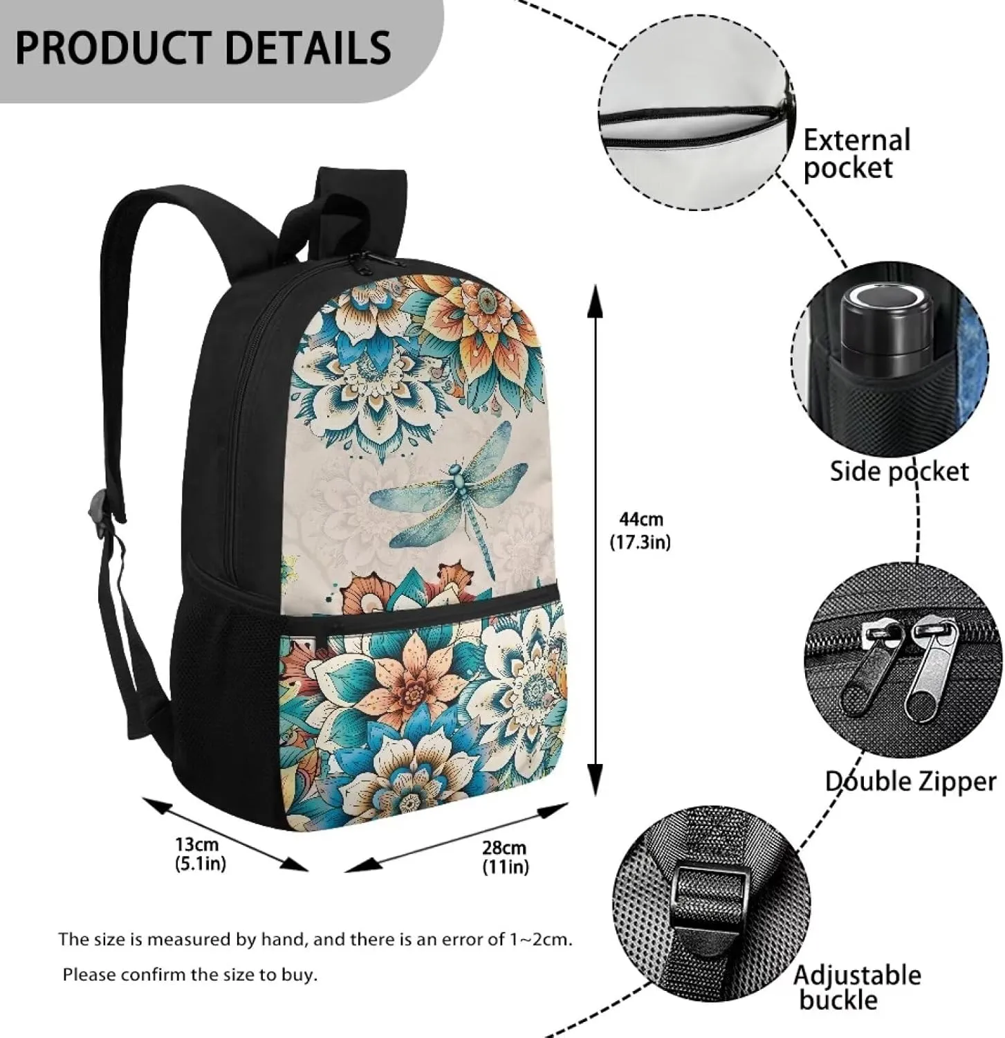 Boho Flower Dragonfly Bookbag for Kids 8-12 Boys Girls School Backpack Middle High College School Bag With Straps 17inch Laptop Backpacks Children Book Bags Travel Shoulder Bag Grey