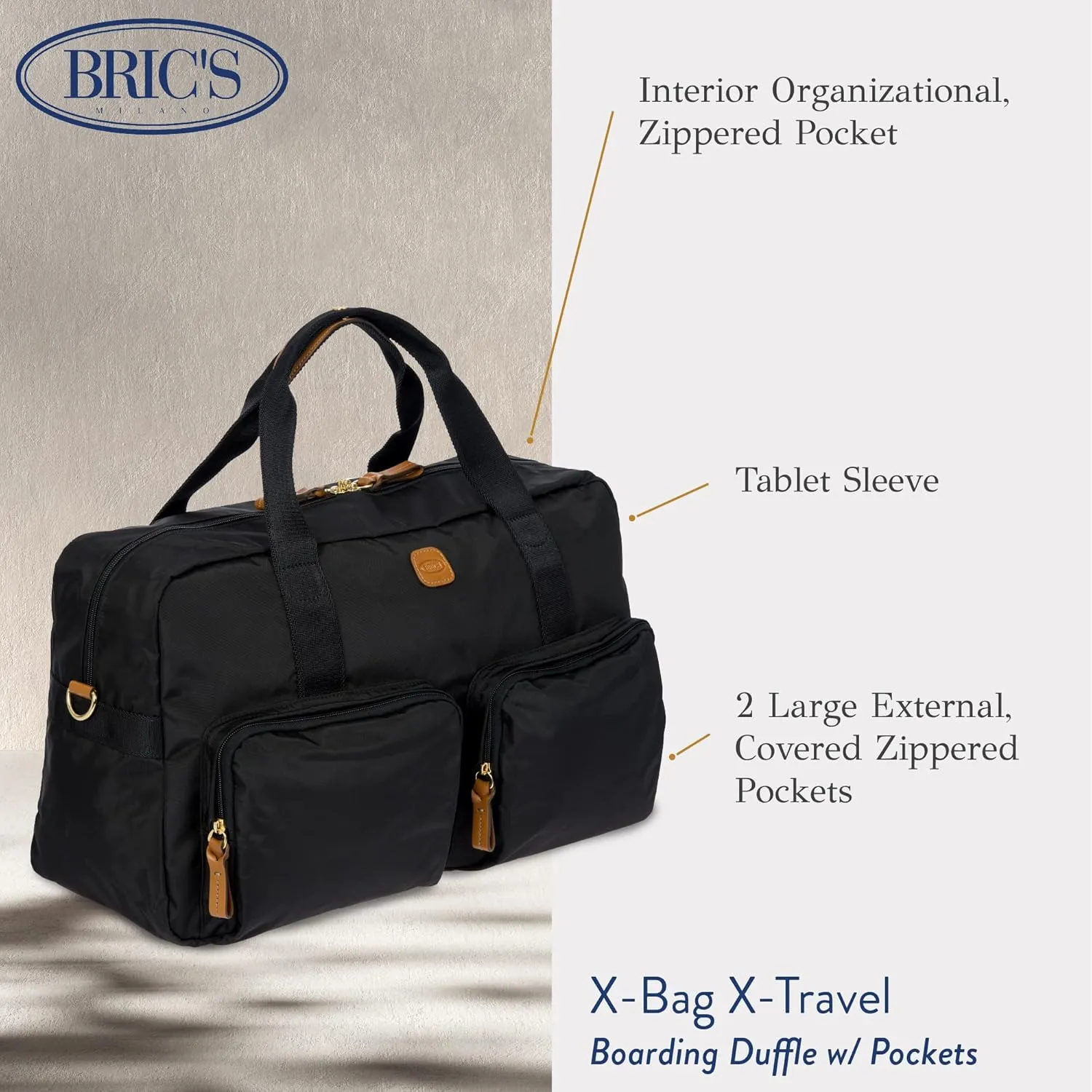 Bric's X-BAG 18-Inch Cargo Duffle Bag - Luxury Travel Bag with Luggage Sleeve - Carry On Bag and Weekender Bag Made from Durable Satin Nylon - Black