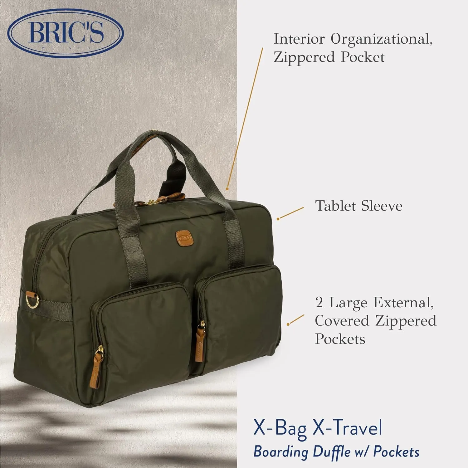 Bric's X-BAG 18-Inch Cargo Duffle Bag - Luxury Travel Bag with Luggage Sleeve - Carry On Bag and Weekender Bag Made from Durable Satin Nylon - Olive