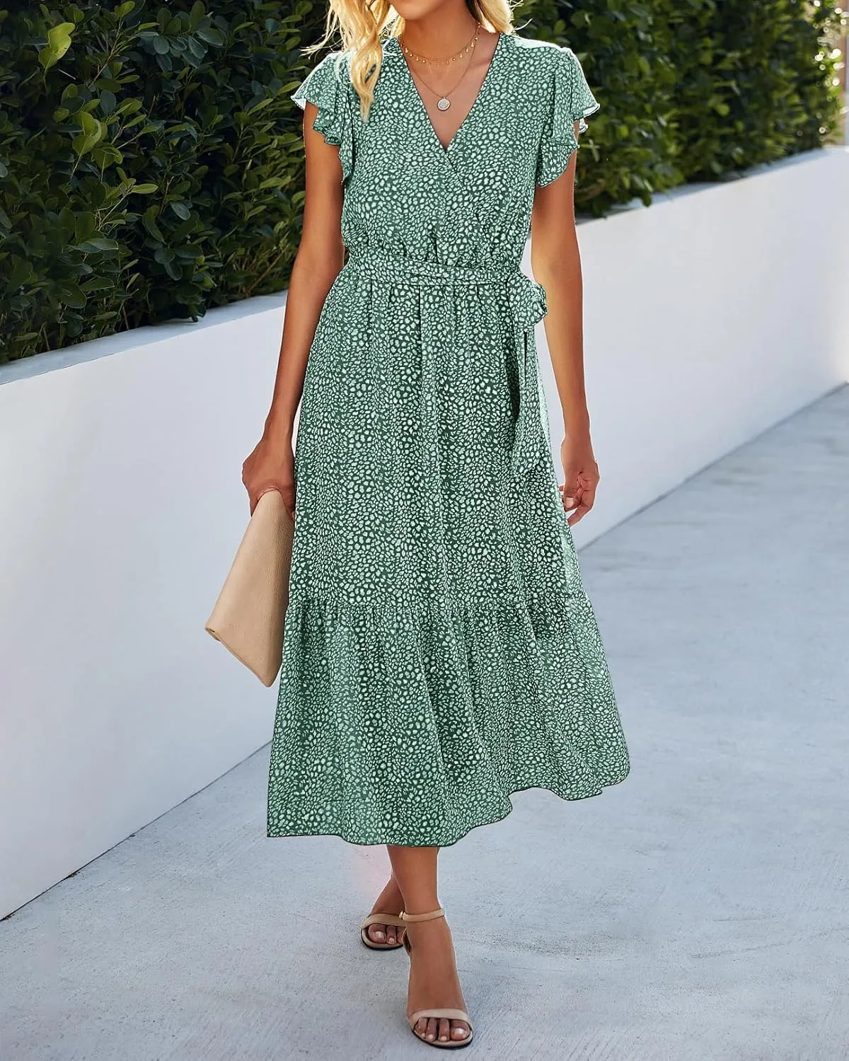 BTFBM Women Summer Bohemian Floral Casual Wrap V Neck Ruffle Cap Sleeveless Belt A-Line Pleated Hem Midi Sun Dress White