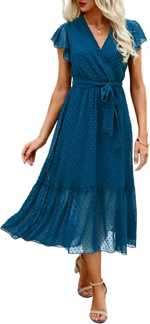 BTFBM Women Summer Bohemian Floral Casual Wrap V Neck Ruffle Cap Sleeveless Belt A-Line Pleated Hem Midi Sun Dress White