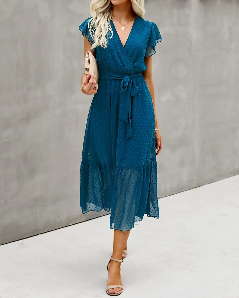 BTFBM Women Summer Bohemian Floral Casual Wrap V Neck Ruffle Cap Sleeveless Belt A-Line Pleated Hem Midi Sun Dress White