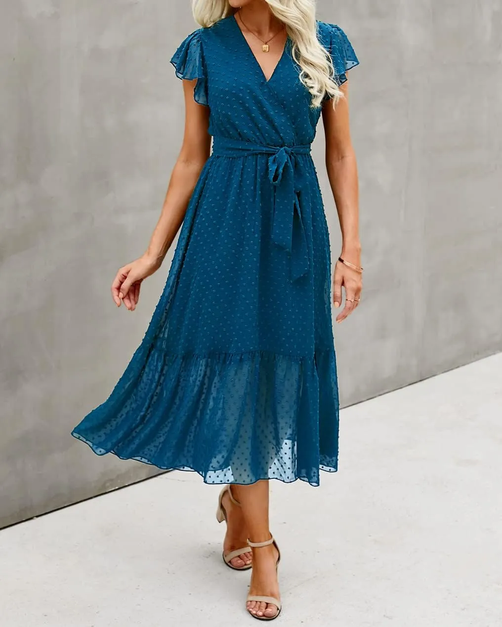 BTFBM Women Summer Bohemian Floral Casual Wrap V Neck Ruffle Cap Sleeveless Belt A-Line Pleated Hem Midi Sun Dress White