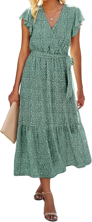 BTFBM Women Summer Bohemian Floral Casual Wrap V Neck Ruffle Cap Sleeveless Belt A-Line Pleated Hem Midi Sun Dress White