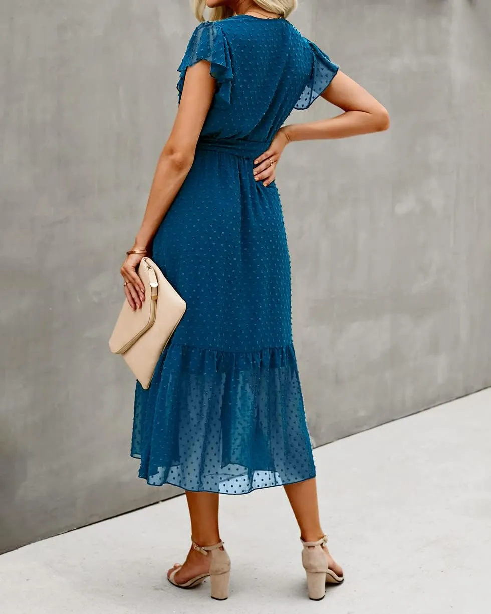 BTFBM Women Summer Bohemian Floral Casual Wrap V Neck Ruffle Cap Sleeveless Belt A-Line Pleated Hem Midi Sun Dress White