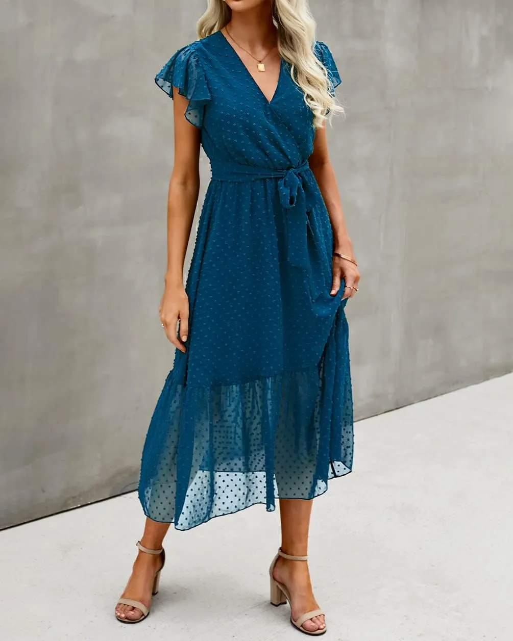 BTFBM Women Summer Bohemian Floral Casual Wrap V Neck Ruffle Cap Sleeveless Belt A-Line Pleated Hem Midi Sun Dress White