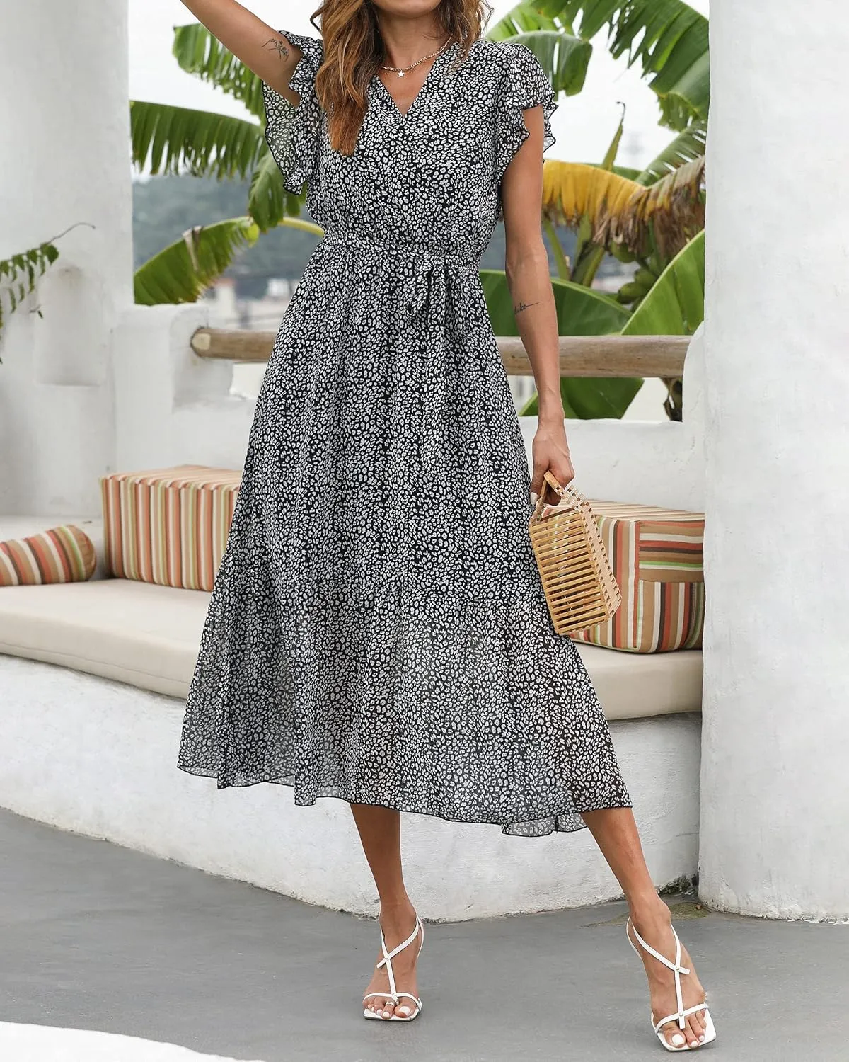 BTFBM Women Summer Bohemian Floral Casual Wrap V Neck Ruffle Cap Sleeveless Belt A-Line Pleated Hem Midi Sun Dress White