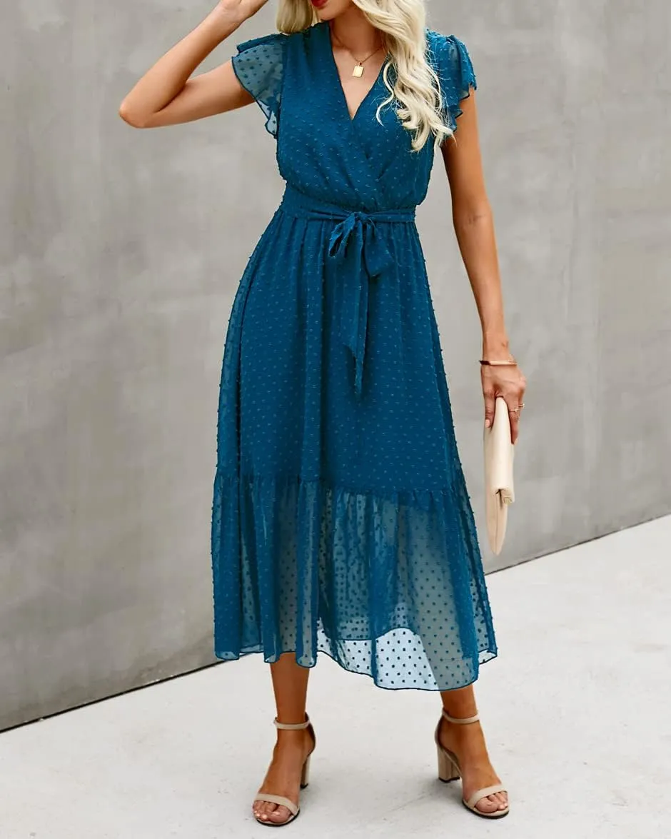 BTFBM Women Summer Bohemian Floral Casual Wrap V Neck Ruffle Cap Sleeveless Belt A-Line Pleated Hem Midi Sun Dress White