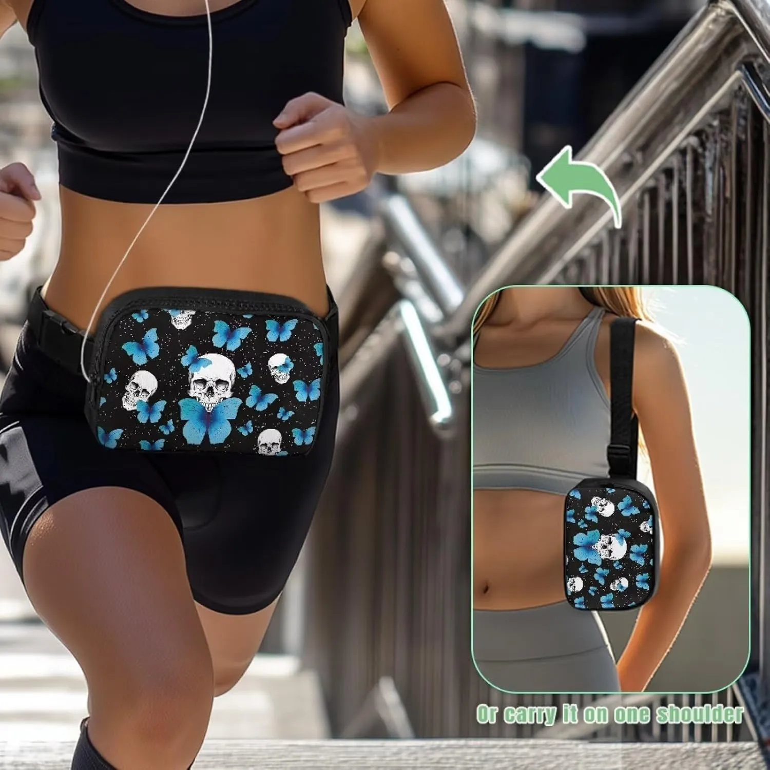 Butterfly Waist Purse for Women Skull Crossbody Purses for Women Lightweight Trendy Hip Bags with Adjustable Strap for Ladies Female Outdoor Hiking Travel Sports Running Black Shoulder Bag