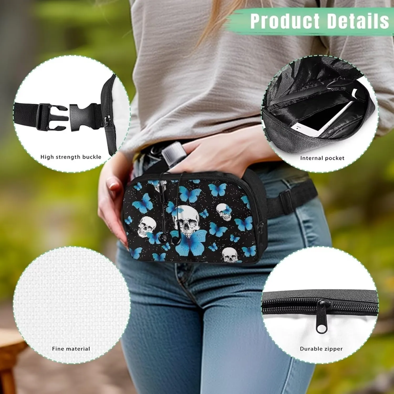 Butterfly Waist Purse for Women Skull Crossbody Purses for Women Lightweight Trendy Hip Bags with Adjustable Strap for Ladies Female Outdoor Hiking Travel Sports Running Black Shoulder Bag