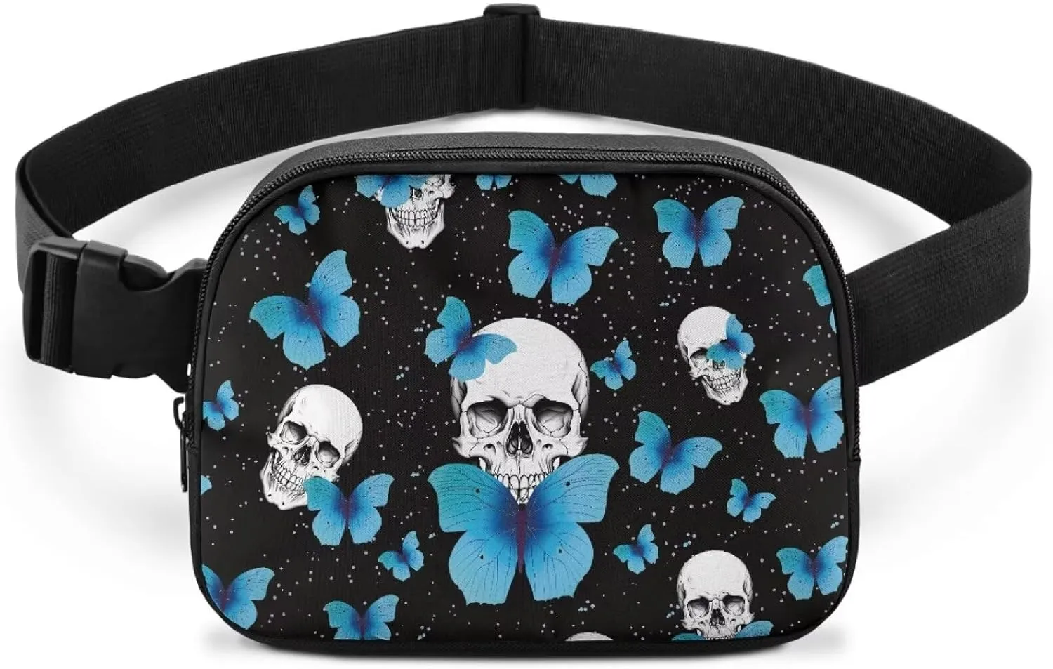 Butterfly Waist Purse for Women Skull Crossbody Purses for Women Lightweight Trendy Hip Bags with Adjustable Strap for Ladies Female Outdoor Hiking Travel Sports Running Black Shoulder Bag