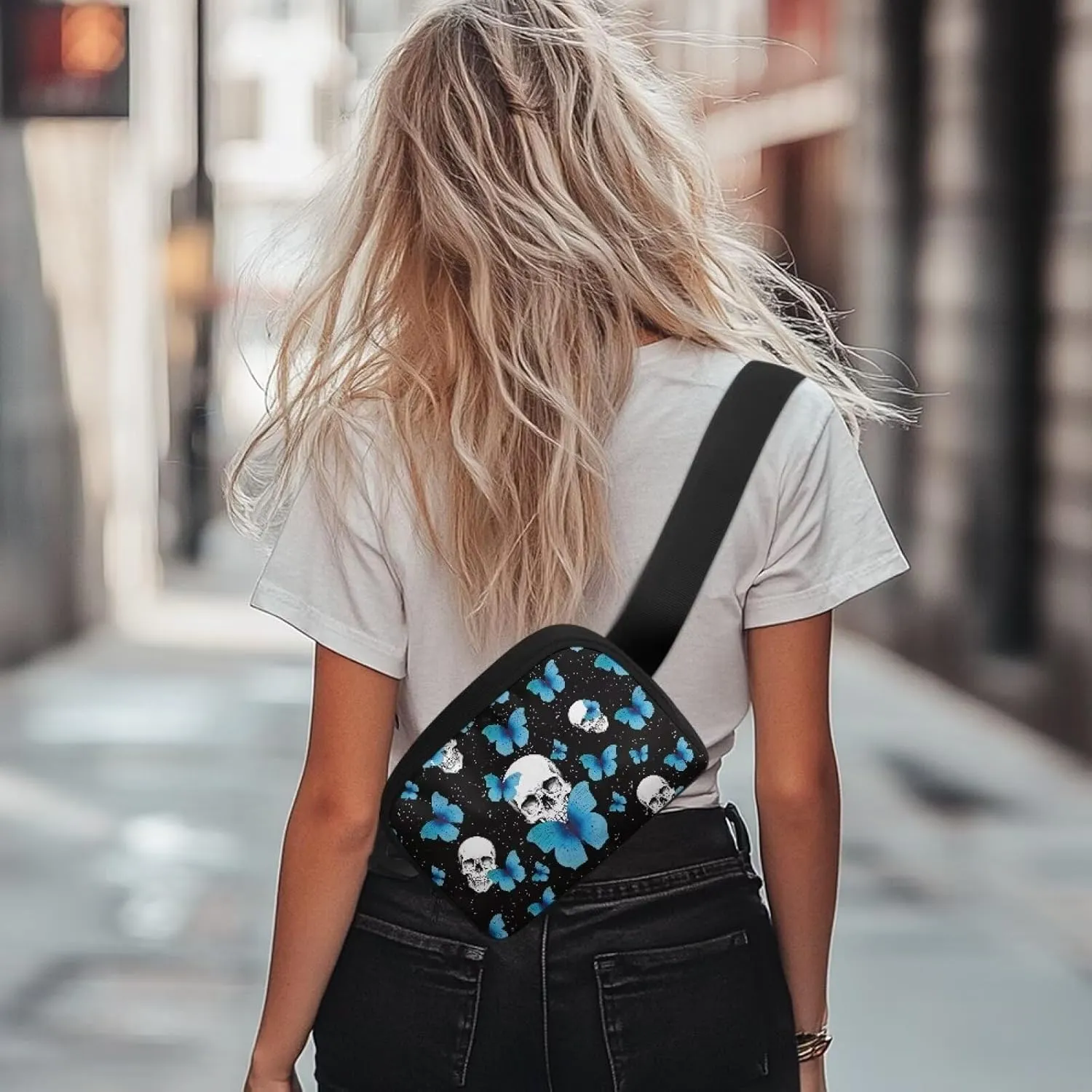 Butterfly Waist Purse for Women Skull Crossbody Purses for Women Lightweight Trendy Hip Bags with Adjustable Strap for Ladies Female Outdoor Hiking Travel Sports Running Black Shoulder Bag