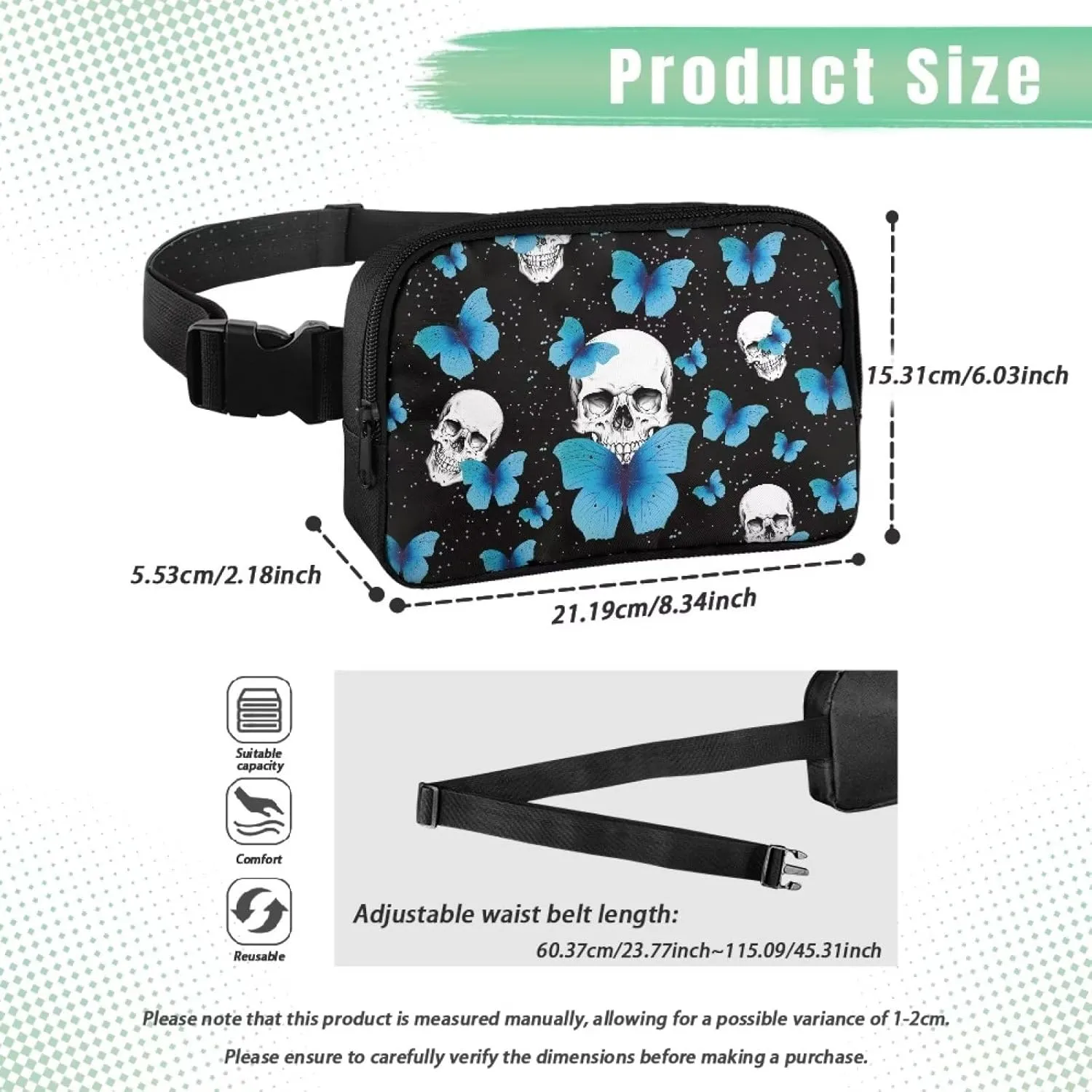 Butterfly Waist Purse for Women Skull Crossbody Purses for Women Lightweight Trendy Hip Bags with Adjustable Strap for Ladies Female Outdoor Hiking Travel Sports Running Black Shoulder Bag
