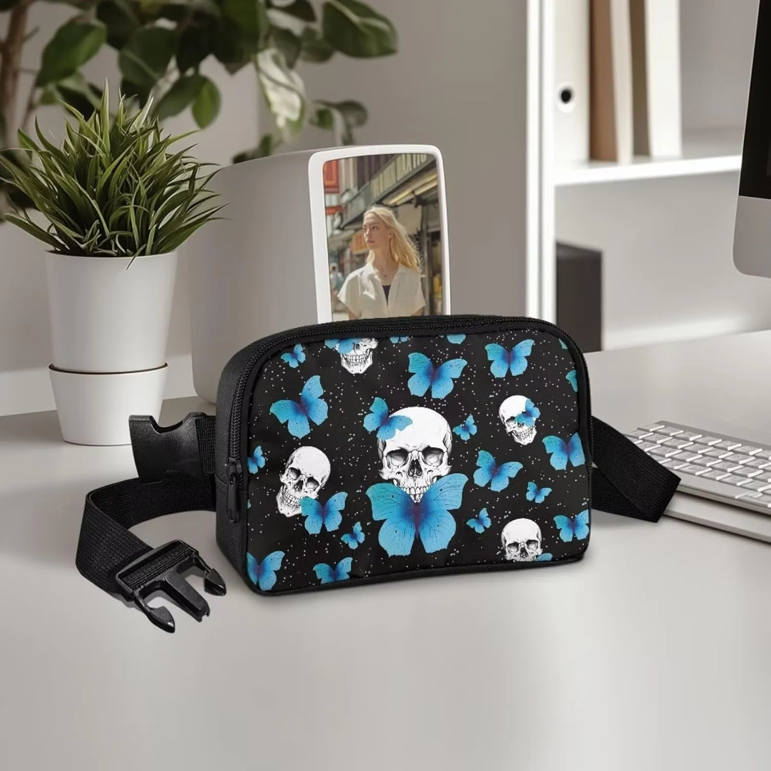 Butterfly Waist Purse for Women Skull Crossbody Purses for Women Lightweight Trendy Hip Bags with Adjustable Strap for Ladies Female Outdoor Hiking Travel Sports Running Black Shoulder Bag