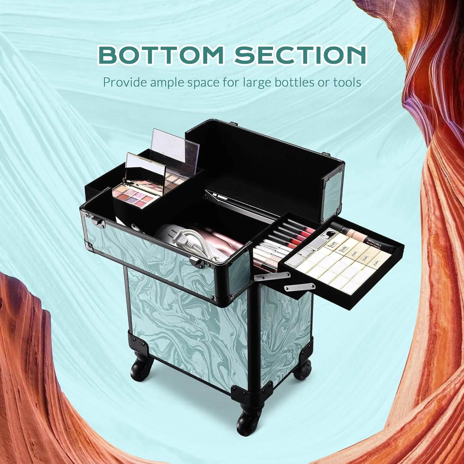 BYOOTIQUE Rolling Makeup Train Case on Wheels Cosmetology Organizer Box Professional Aluminum Cosmetic Trolley Travel Suitcase for Salon Barber Hairstylist Artist,CoyoteButtes Vitality