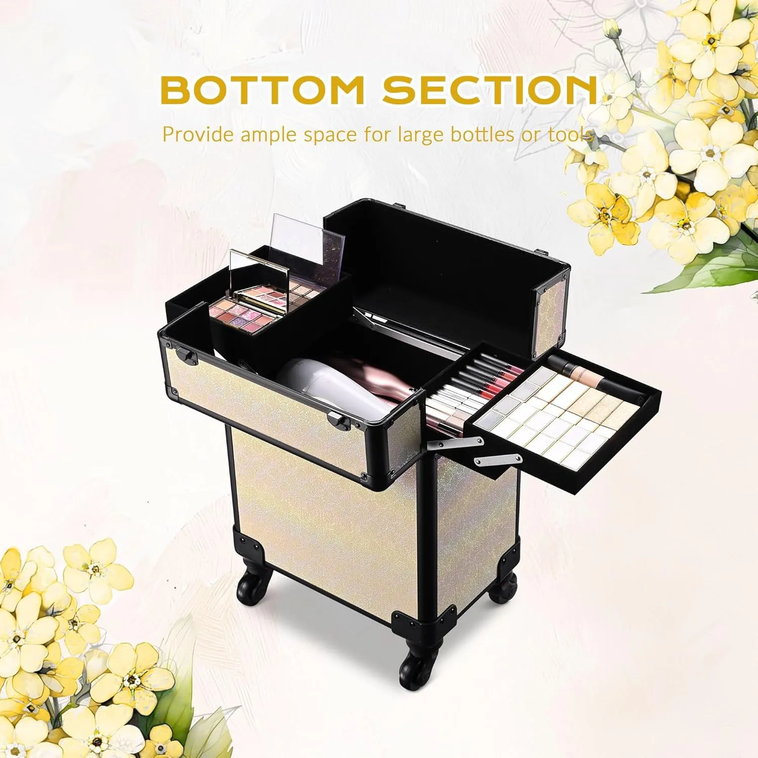 BYOOTIQUE Rolling Makeup Train Case on Wheels Cosmetology Organizer Box Professional Aluminum Cosmetic Trolley Travel Suitcase for Salon Barber Hairstylist Artist,Grace ForgetMeNot