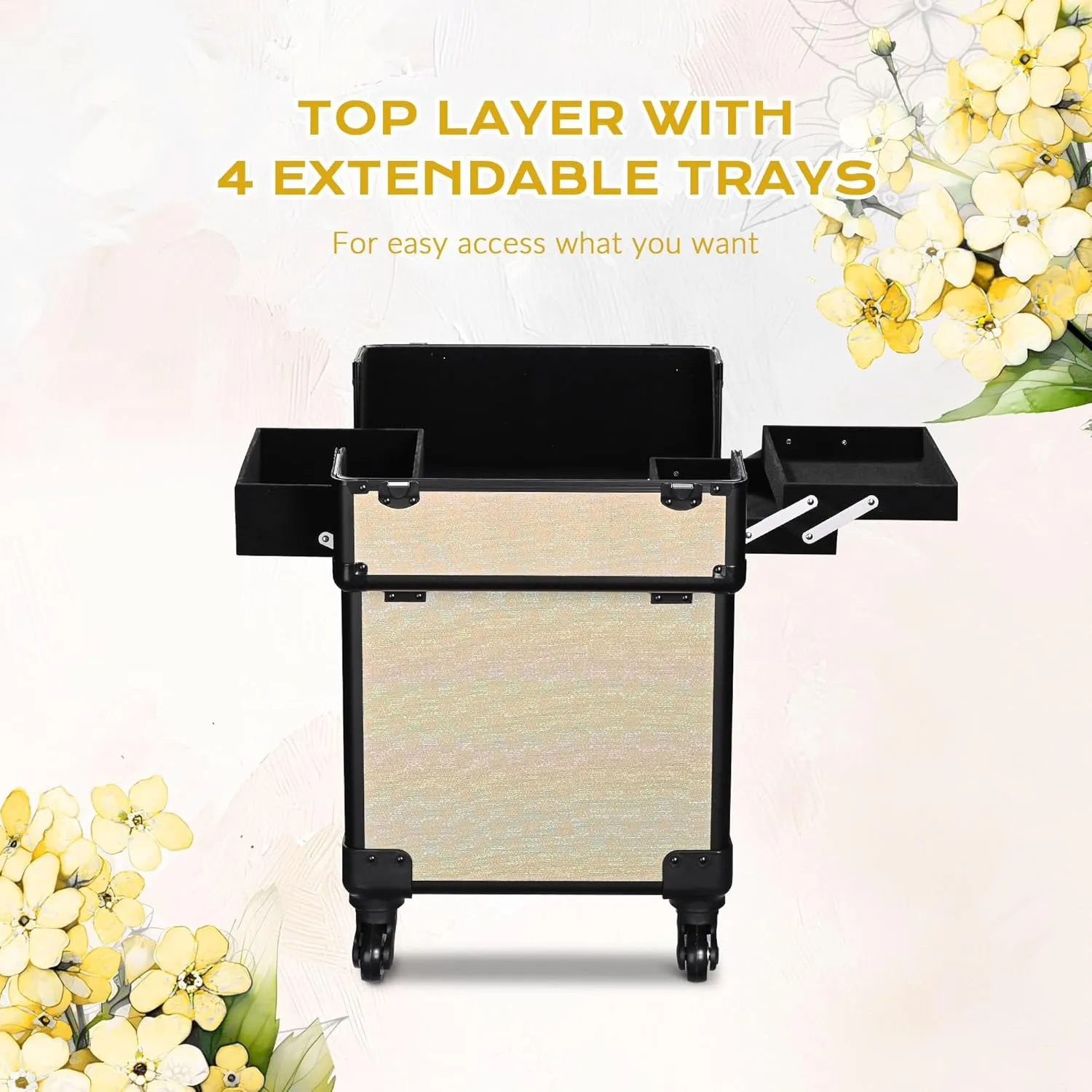 BYOOTIQUE Rolling Makeup Train Case on Wheels Cosmetology Organizer Box Professional Aluminum Cosmetic Trolley Travel Suitcase for Salon Barber Hairstylist Artist,Grace ForgetMeNot